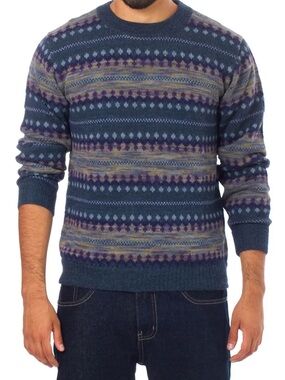 Men's Navy Fair Isle Alpaca Wool Crewneck Sweater